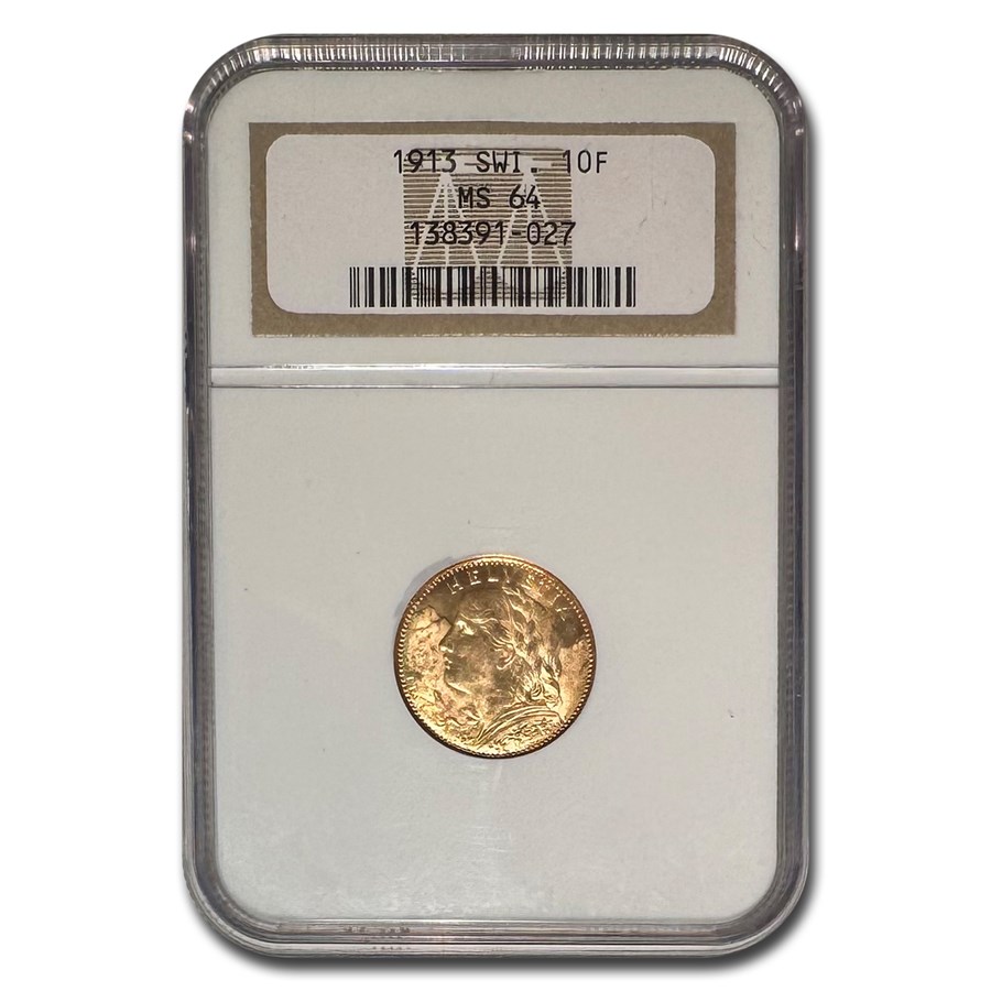 1913-B Swiss Gold 10 Francs Helvetia MS-64 NGC