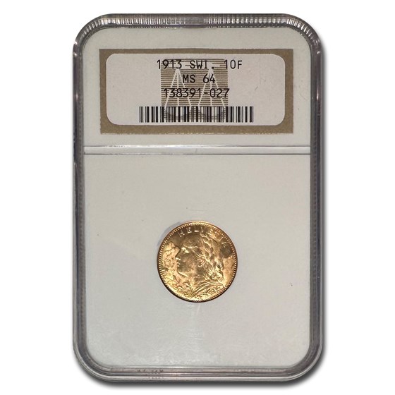 1913-B Swiss Gold 10 Francs Helvetia MS-64 NGC 1913-B Swiss Gold 10 Francs Helvetia MS-64 NGC