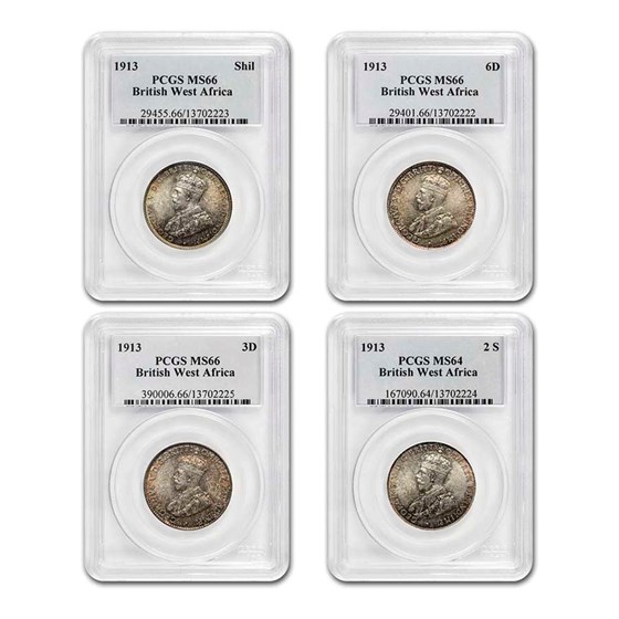 1913 British West Africa Silver Set George V MS-66,66,66,64 PCGS 1913 British West Africa Silver Set George V MS-66,66,66,64 PCGS