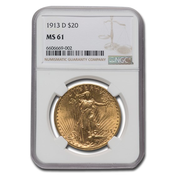 1913-D $20 Saint-Gaudens Gold Double Eagle MS-61 NGC 1913-D $20 Saint-Gaudens Gold Double Eagle MS-61 NGC
