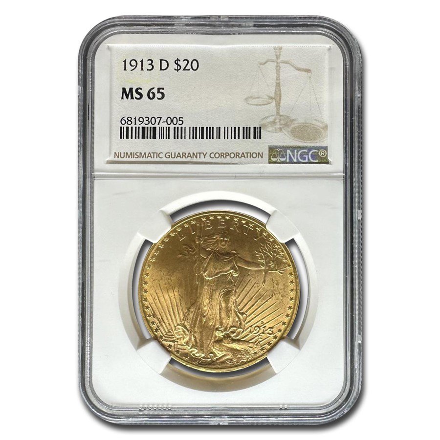 1913-D $20 St Gaudens Gold Double Eagle MS-65 NGC