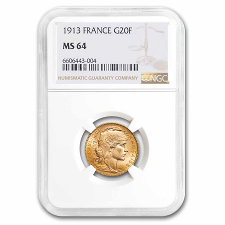 1913年 フランス マリアンヌ ルースター 20フラン NGC MS64 最終 1913-france-gold-20-francs-