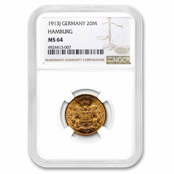 1913-J Germany Gold 10 Mark Hamburg MS-64 NGC 1913-J Germany Gold 10 Mark Hamburg MS-64 NGC