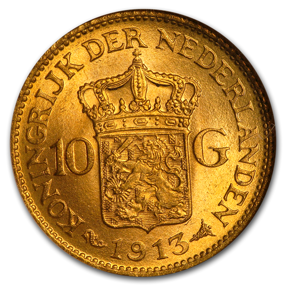 Buy 1913 Netherlands Gold 10 Guilders Wilhelmina MS-65 NGC | APMEX