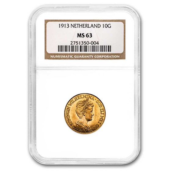 1913 Netherlands Gold 10 Gulden Wilhelmina I MS-63 NGC 1913 Netherlands Gold 10 Gulden Wilhelmina I MS-63 NGC