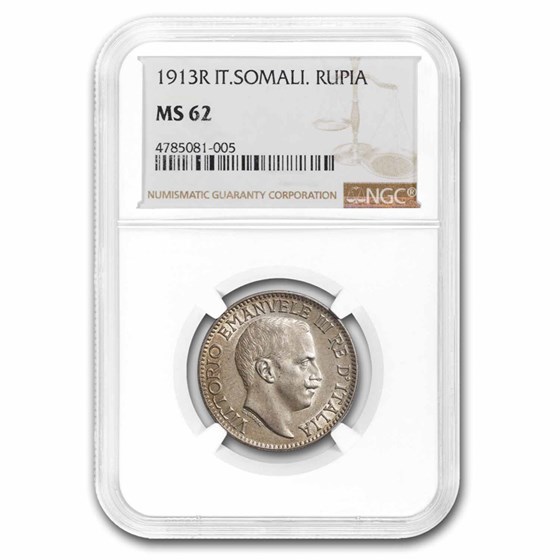 1913-R Italian Somaliland Silver 1 Rupia Emanuele III MS-62 NGC 1913-R Italian Somaliland Silver 1 Rupia Emanuele III MS-62 NGC