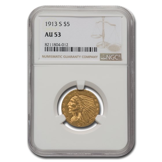 1913-S $5 Indian Gold Half Eagle AU-53 NGC 1913-S $5 Indian Gold Half Eagle AU-53 NGC