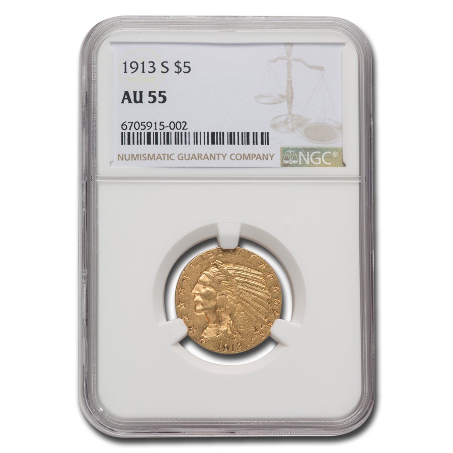 1913-S $5 Indian Gold Half Eagle AU-55 NGC