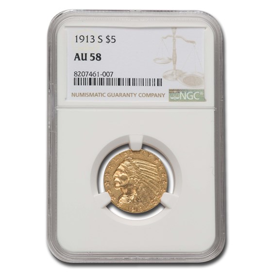 1913-S $5 Indian Gold Half Eagle AU-58 NGC 1913-S $5 Indian Gold Half Eagle AU-58 NGC