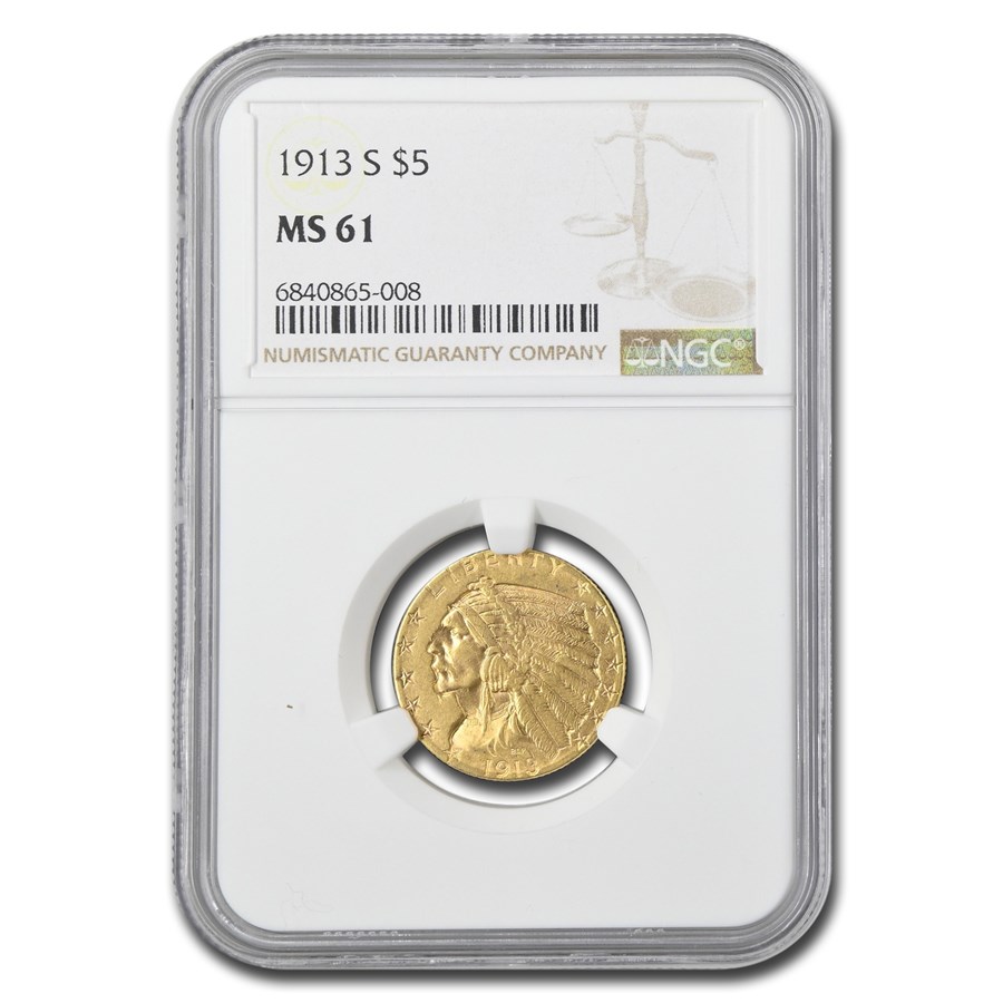 1913-S $5 Indian Gold Half Eagle MS-61 NGC
