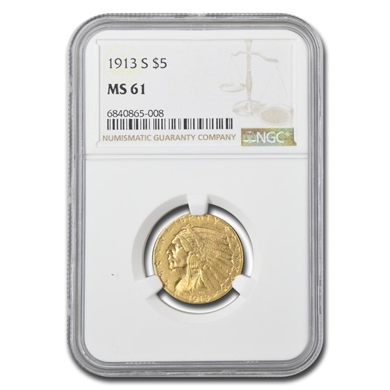 1913-S $5 Indian Gold Half Eagle MS-61 NGC 1913-S $5 Indian Gold Half Eagle MS-61 NGC
