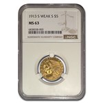 1913-S $5 Indian Gold Half Eagle MS-63 NGC (Weak S)