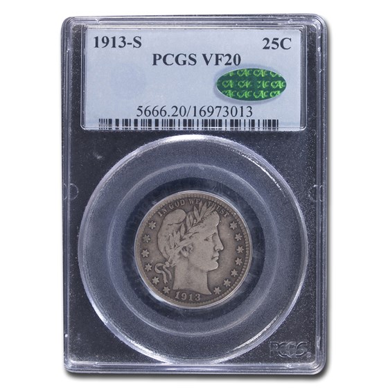 1913-S Barber Quarter VF-20 PCGS CAC 1913-S Barber Quarter VF-20 PCGS CAC