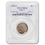 1913-S Buffalo Nickel Type-I MS-64 PCGS