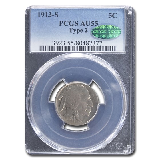 1913-S Buffalo Nickel Type-II AU-55 PCGS CAC 1913-S Buffalo Nickel Type-II AU-55 PCGS CAC
