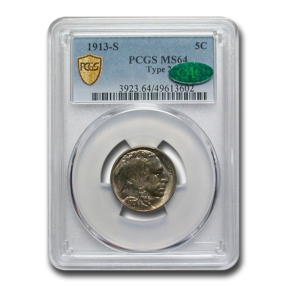 1913-S Buffalo Nickel Type-II MS-64 PCGS CAC 1913-S Buffalo Nickel Type-II MS-64 PCGS CAC