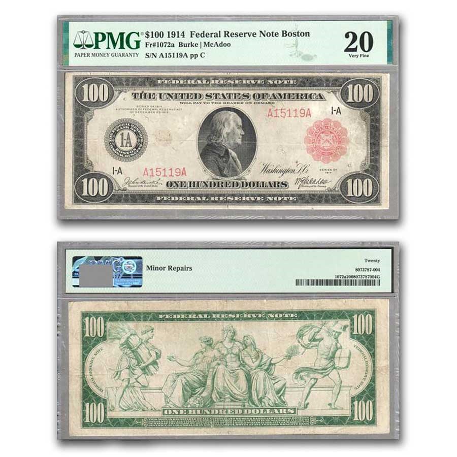 1914 (1-A Boston) $100 FRN VF-20 PMG (Fr#1072A)
