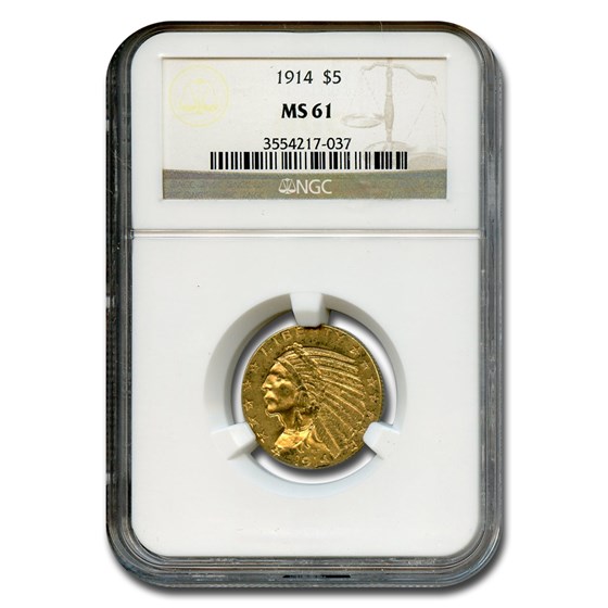 1914 $5 Indian Gold Half Eagle MS-61 NGC 1914 $5 Indian Gold Half Eagle MS-61 NGC