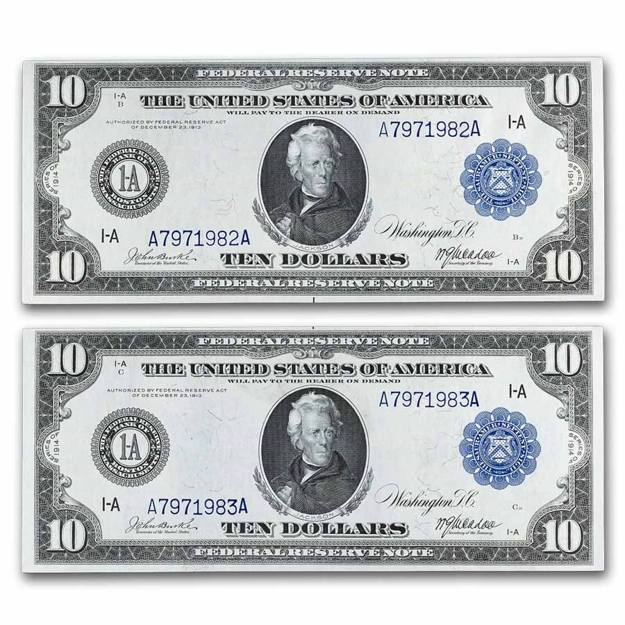 1914 (A-Boston) $10 FRN AU (Fr#904) 2 consecutive