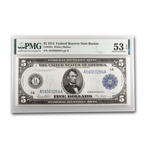1914 (A-Boston) $5.00 FRN AU-53 EPQ PMG (Fr#847A) 1914 (A-Boston) $5.00 FRN AU-53 EPQ PMG (Fr#847A)