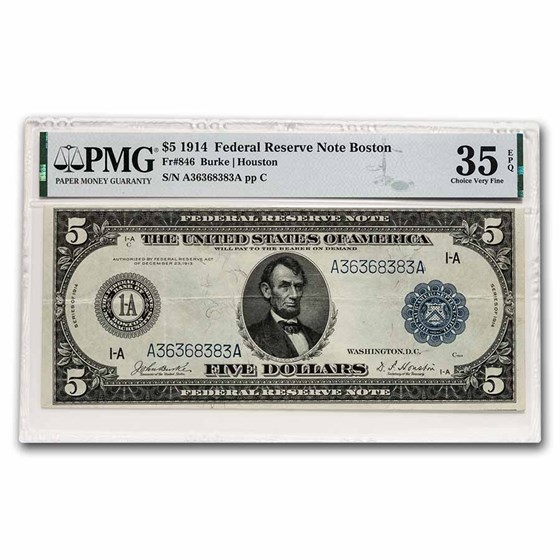 1914 (A-Boston) $5.00 FRN CH VF-35 EPQ PMG (Fr#846) Repeater 1914 (A-Boston) $5.00 FRN CH VF-35 EPQ PMG (Fr#846) Repeater