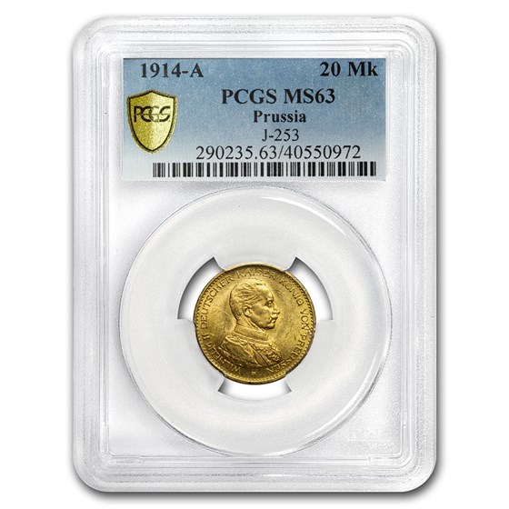 1914-A Prussia Gold 20 Marks Military Bust MS-63 PCGS. 1914-A Prussia Gold 20 Marks Military Bust MS-63 PCGS.