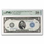 1914 (B-New York) $5.00 FRN AU-58 EPQ PMG (Fr#851C)