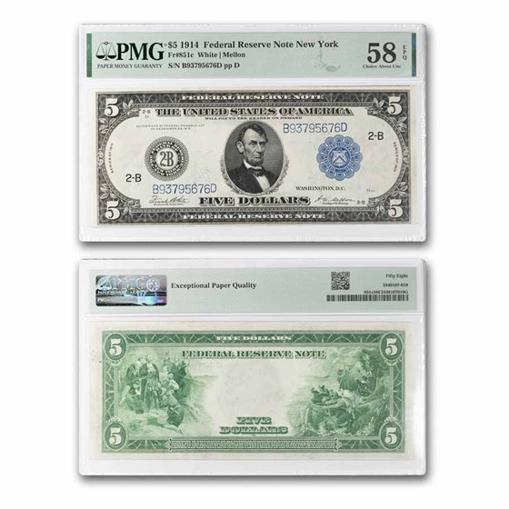 1914 (B-New York) $5.00 FRN AU-58 EPQ PMG (Fr#851C)