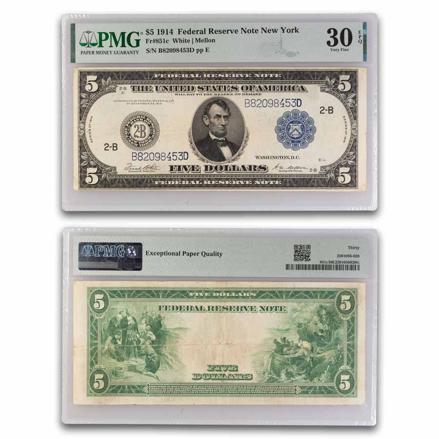 1914 (B-New York) $5.00 FRN CH VF-30 EPQ PMG (Fr#851C)