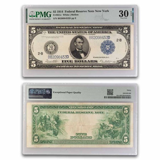 1914 (B-New York) $5.00 FRN CH VF-30 EPQ PMG (Fr#851C) 1914 (B-New York) $5.00 FRN CH VF-30 EPQ PMG (Fr#851C)