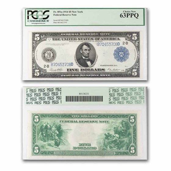 1914 (B-New York) $5.00 FRN CU-63 PPQ PCGS (Fr#851A)