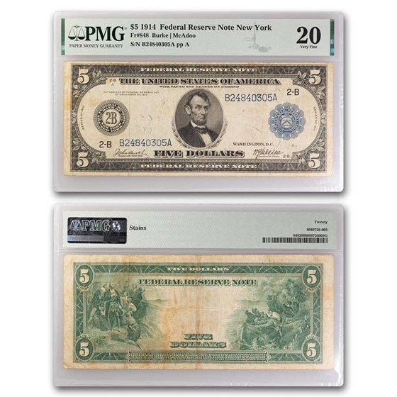 1914 (B-New York) $5.00 FRN VF-20 PMG (Fr#848) 1914 (B-New York) $5.00 FRN VF-20 PMG (Fr#848)