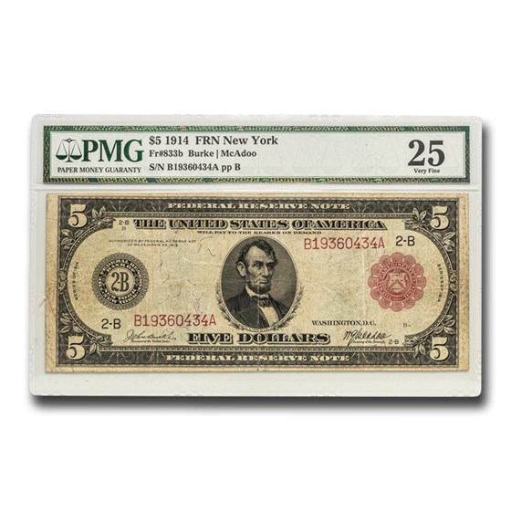 1914 (B-New York) $5.00 FRN VF-25 PMG (Fr#833B) Red Seal 1914 (B-New York) $5.00 FRN VF-25 PMG (Fr#833B) Red Seal