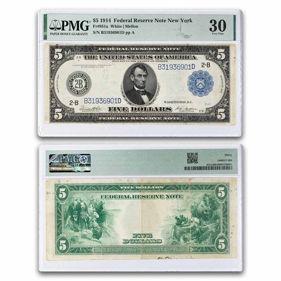 1914 (B-New York) $5.00 FRN VF-30 PMG (Fr#851A)