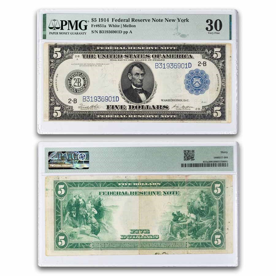 1914 (B-New York) $5.00 FRN VF-30 PMG (Fr#851A)