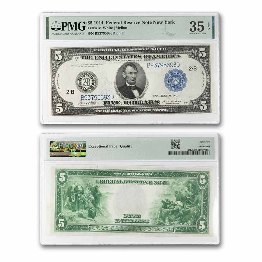 1914 (B-New York) $5.00 FRN VF-35 EPQ PMG (Fr#851C)