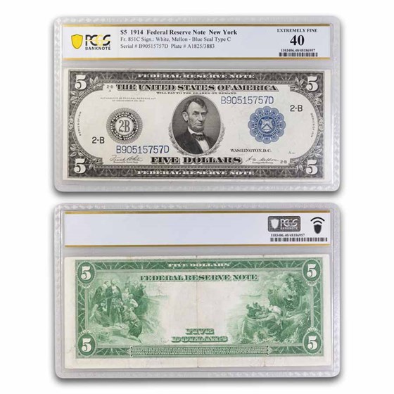 1914 (B-New York) $5.00 FRN XF-40 PCGS (Fr#851C) 1914 (B-New York) $5.00 FRN XF-40 PCGS (Fr#851C)