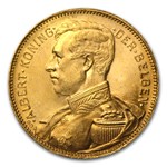 1914 Belgium Gold 20 Francs Albert I AU