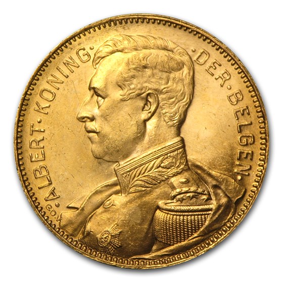 1914 Belgium Gold 20 Francs Albert I AU