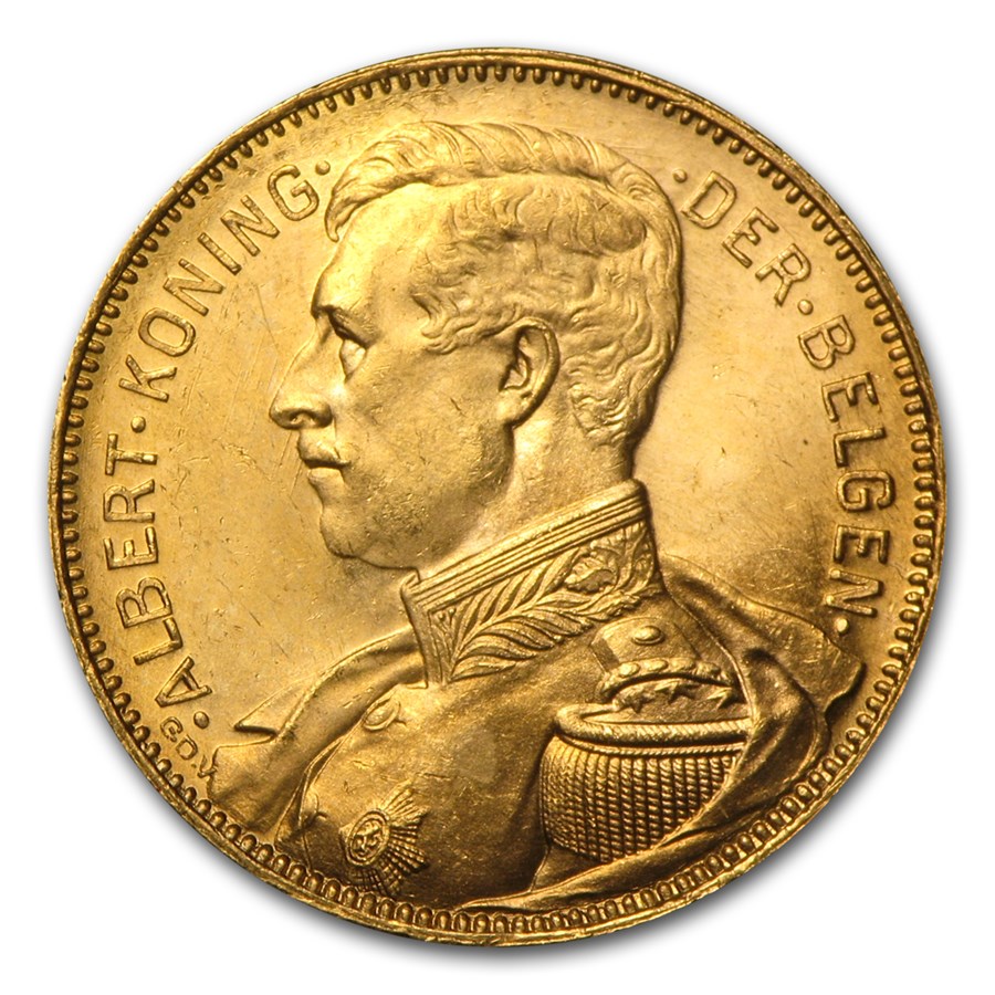 1914 Belgium Gold 20 Francs Albert I AU