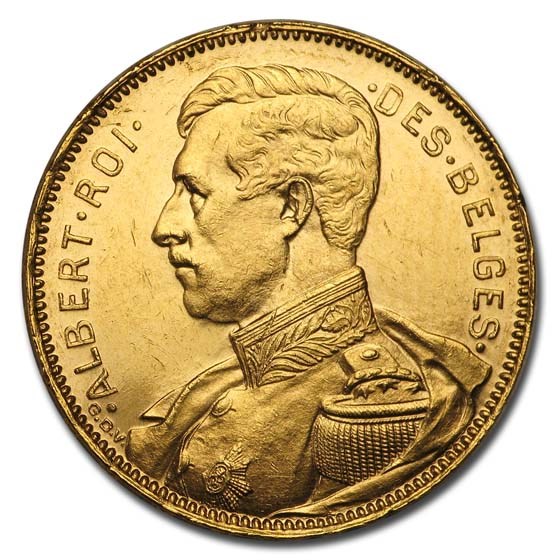 1914 Belgium Gold 20 Francs Albert I BU (French Inscription)