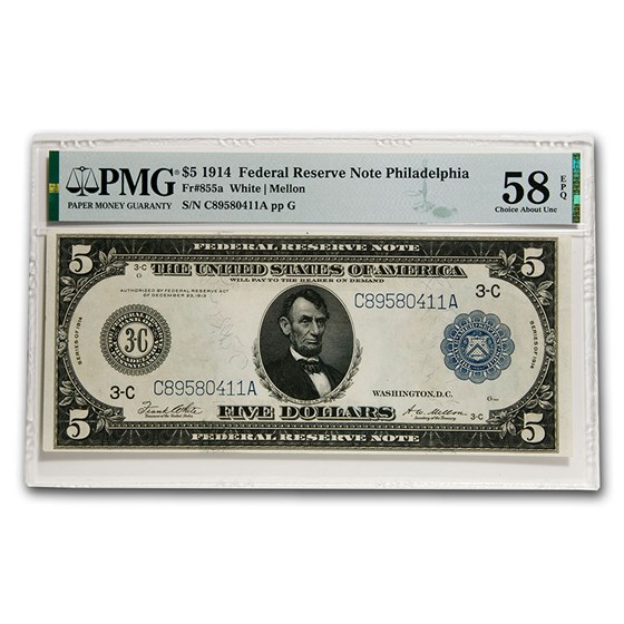 1914 (C-Philadelphia) $5.00 FRN Choice AU-58 EPQ PMG (Fr#855A) 1914 (C-Philadelphia) $5.00 FRN Choice AU-58 EPQ PMG (Fr#855A)