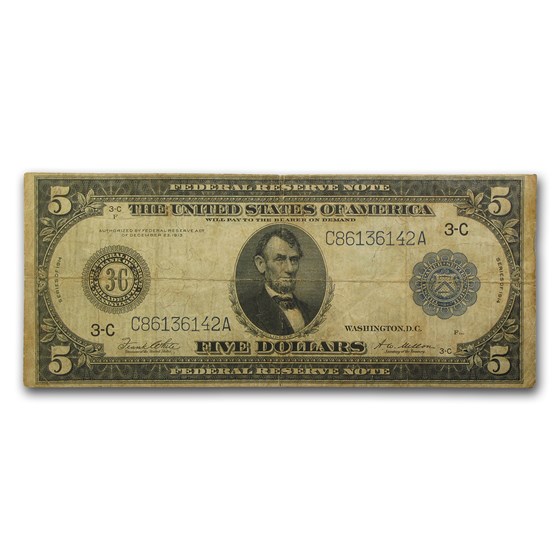 1914 (C-Philadelphia) $5.00 FRN Fine (Fr#855A) 1914 (C-Philadelphia) $5.00 FRN Fine (Fr#855A)