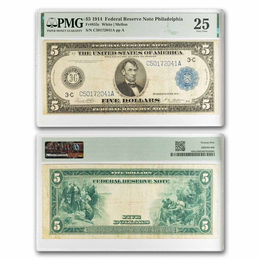 1914 (C-Philadelphia) $5.00 FRN VF-25 PMG (Fr#855C)