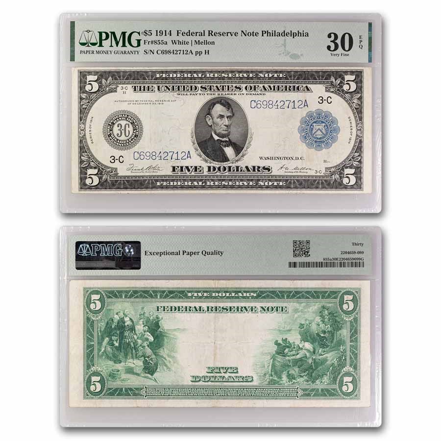 1914 (C-Philadelphia) $5.00 FRN VF-30 EPQ PMG (Fr#855A)