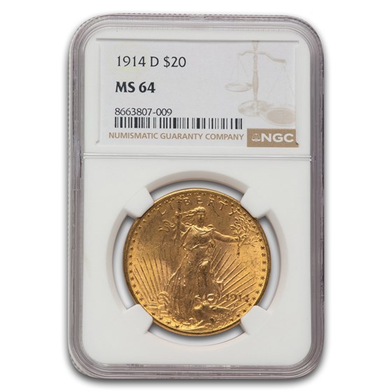 1914-D $20 St Gaudens Gold Double Eagle MS-64 NGC
