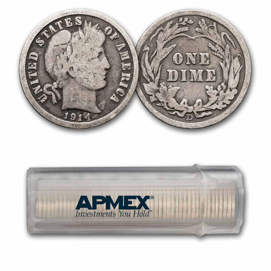 1914-D Barber Dime 50-Coin Roll Avg Circ