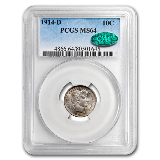 1914-D Barber Dime MS-64 PCGS CAC 1914-D Barber Dime MS-64 PCGS CAC