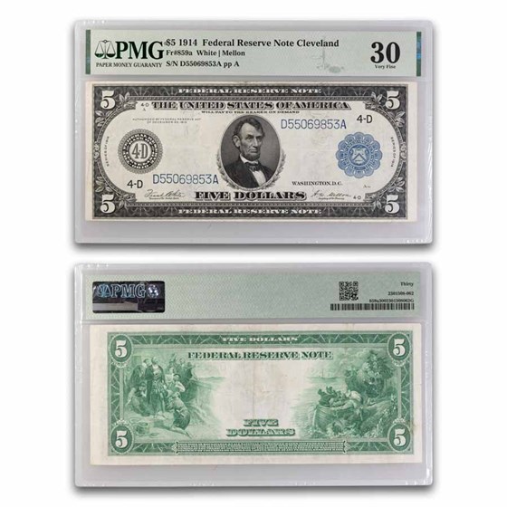 1914 (D-Cleveland) $5.00 FRN VF-30 PMG (Fr#859A) 1914 (D-Cleveland) $5.00 FRN VF-30 PMG (Fr#859A)