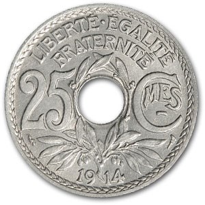 1914 France 25 Centimes BU (Center Hole Issue) 1914 France 25 Centimes BU (Center Hole Issue)